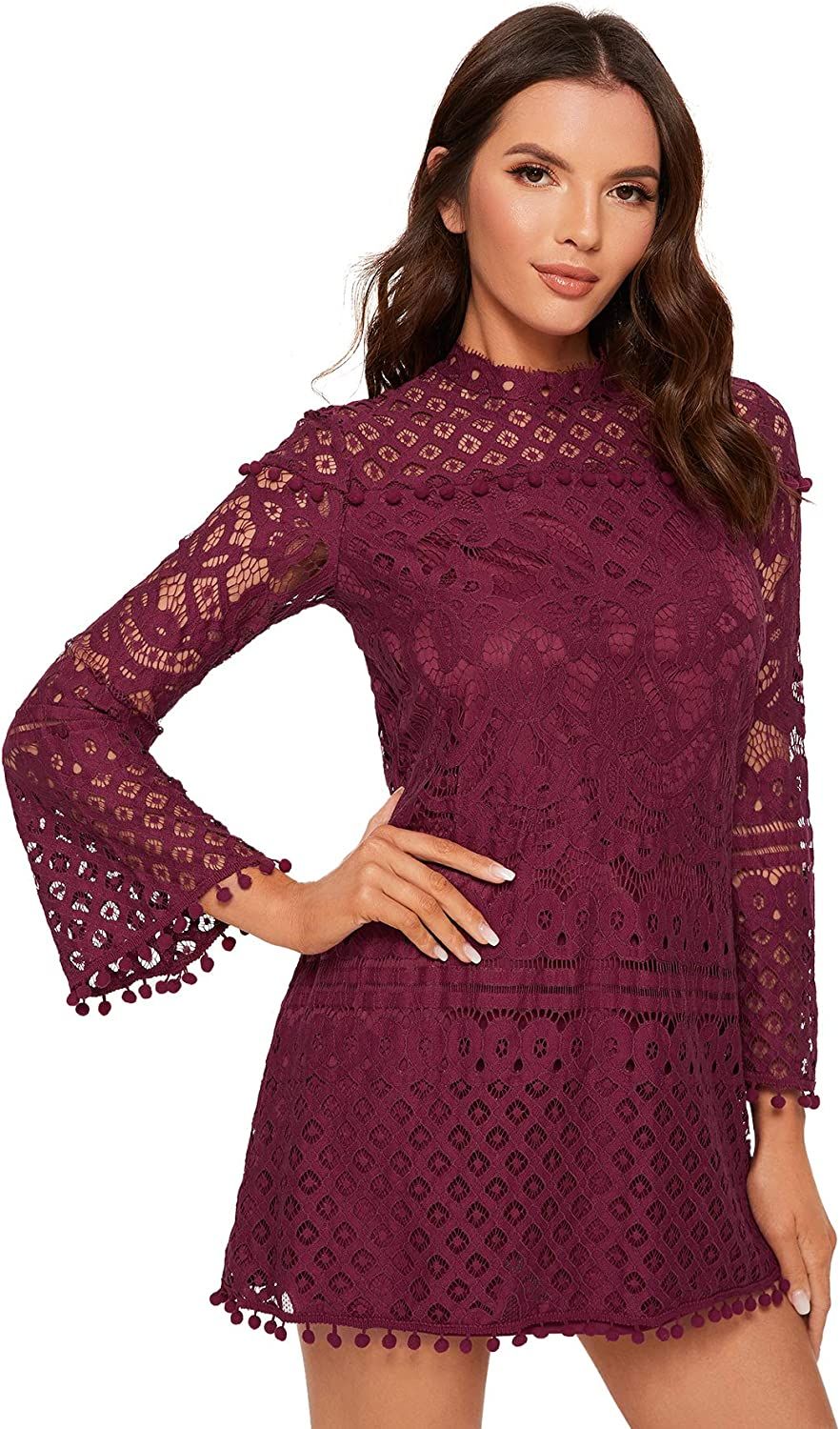 SheIn Women's Crochet Pom-pom Sheer Lace Bell Sleeve Dress | Amazon (US)