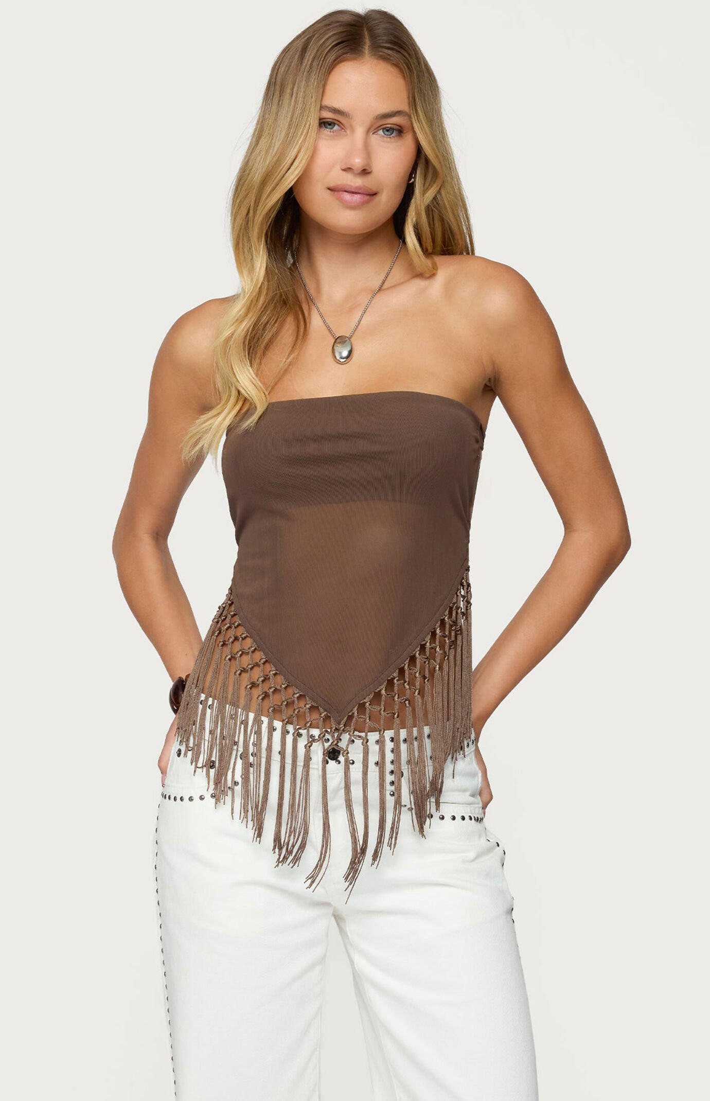 Edikted Women's Backless Sheer Mesh Strapless Top in Brown - Size XL | PacSun