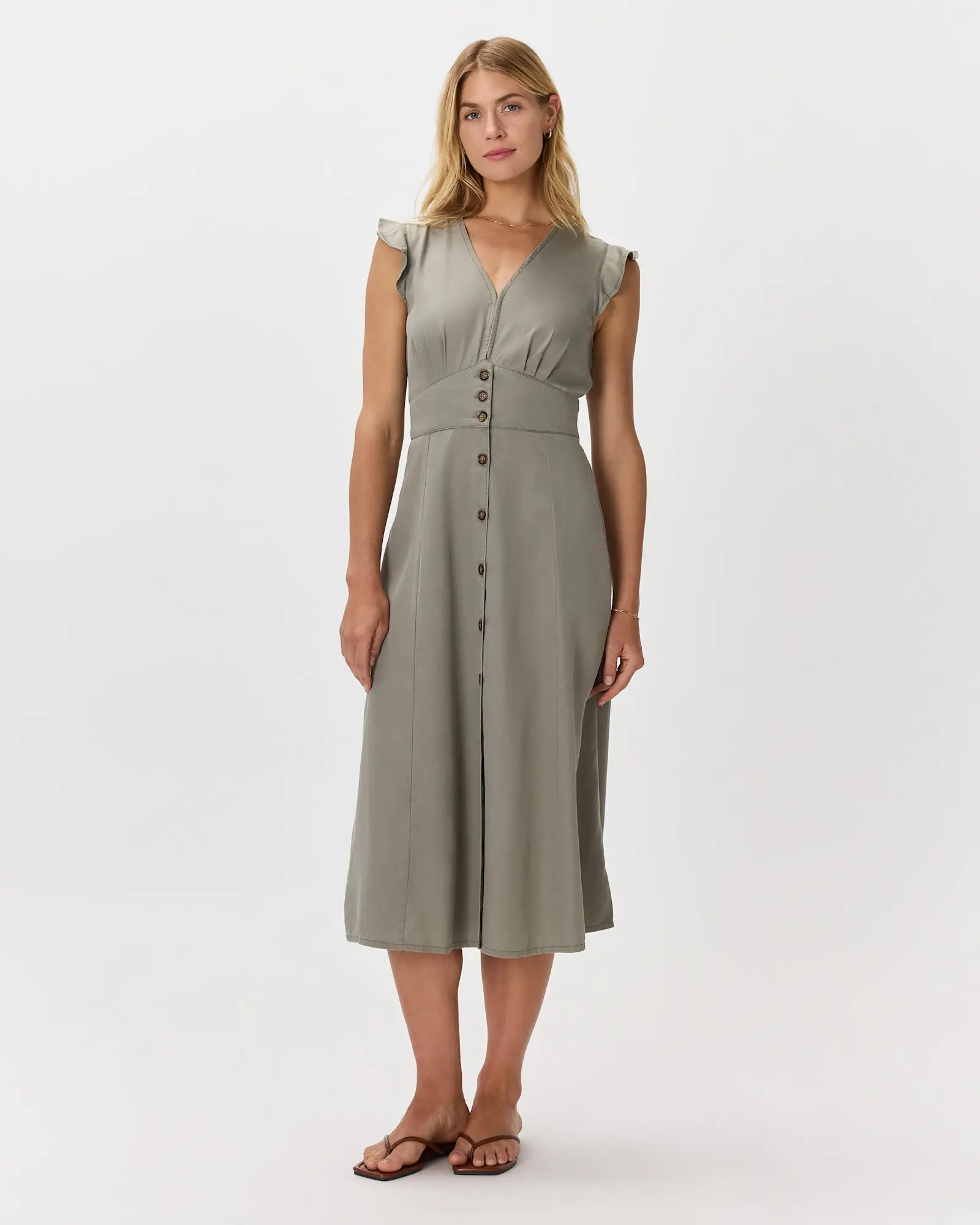 Vintage Wash Tencel Button Front Midi Dress in Olive | Quince