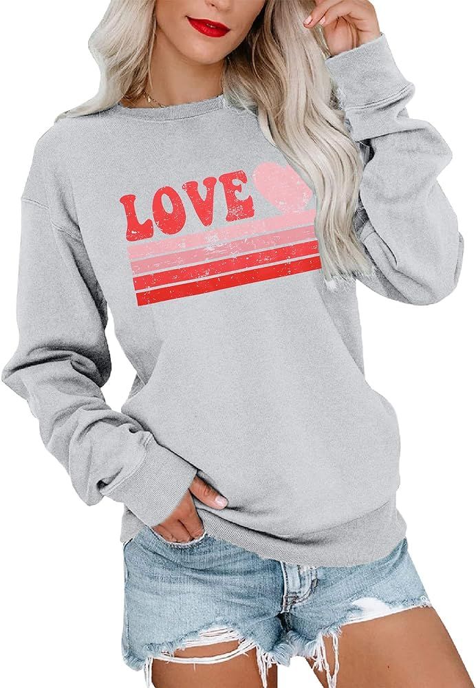 LUKYCILD Valentines Day Love Heart Shirt: Women Casual Crewneck Sweatshirts Funny Love Graphic Te... | Amazon (US)