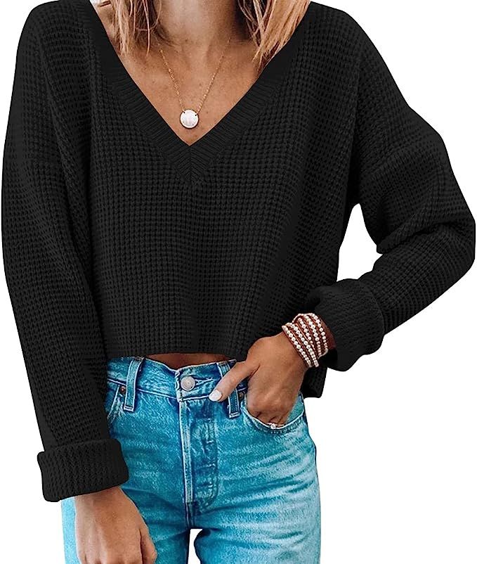 Womens V Neck Waffle Knit Cropped Top Long Sleeve Pullover Crop Sweater | Amazon (US)