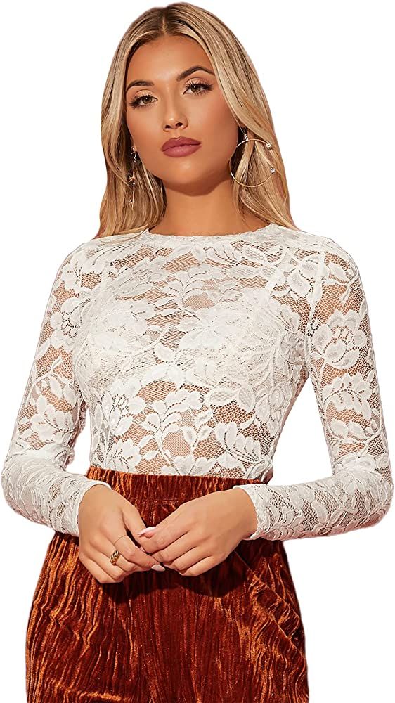 WDIRARA Women's Floral Embroidery Mesh Lace Round Neck Long Sleeve Top | Amazon (US)