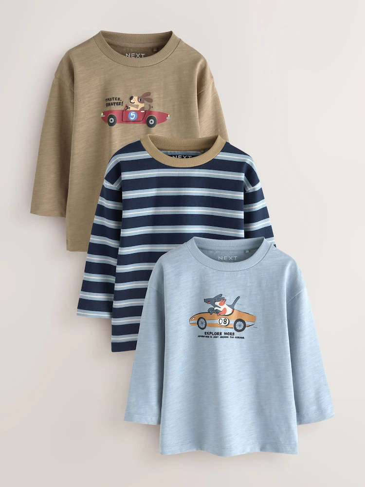 Blue/Neutral Dog Stripe Long Sleeve Graphic T-Shirts 3 Pack (3mths-7yrs) | Next US