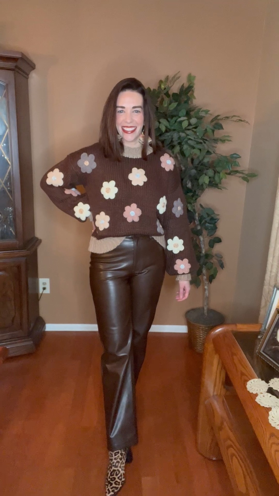 Brown floral sweater (xs). Brown leather straight leg pants (27). Leopard boots (8.5). #sweater #floralsweater #brownsweater #pants #straightlegpants #leatherpants #brownpants #brownleatherpants #boots #leopardboots #winteroutfit #datenightoutfit 
Winter Outfit
date night outfits 
chocolate brown outfit @tjmaxx @abercrombie @DSW 

#LTKootd #LTKSeasonal