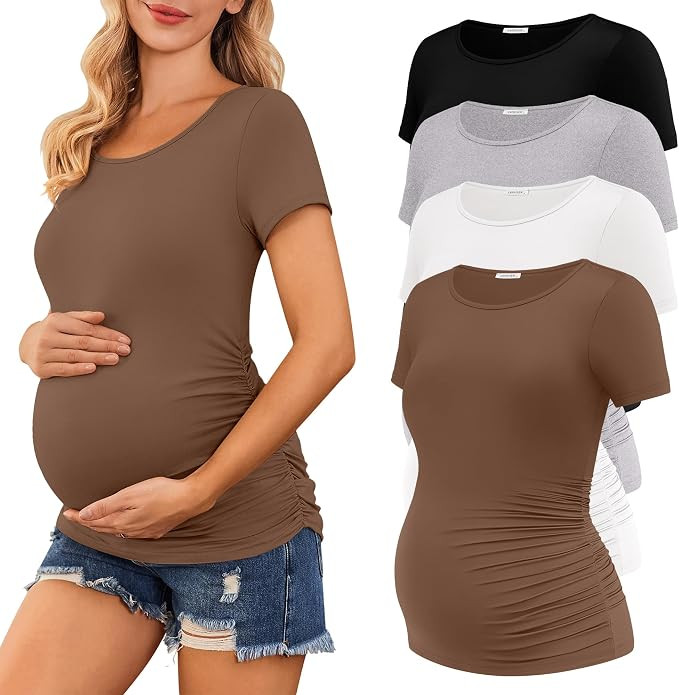Ekouaer 4 Packs Women’s Maternity Shirts Short Sleeve Side Ruched Pregnancy Tee Tops Tunic Blou... | Amazon (US)