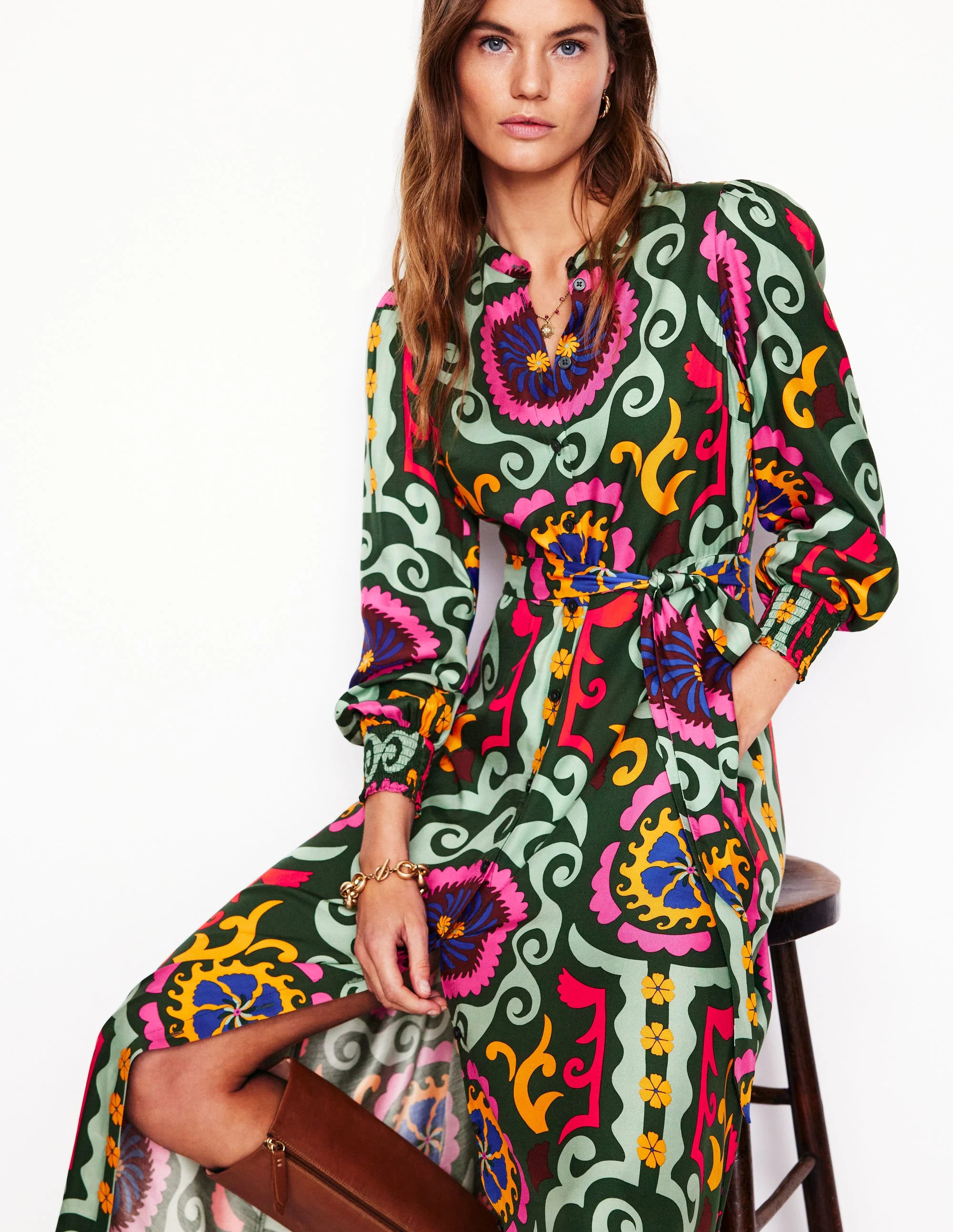 Ruby Collarless Shirt Dress-Green, Ornamental Wave | Boden (US)