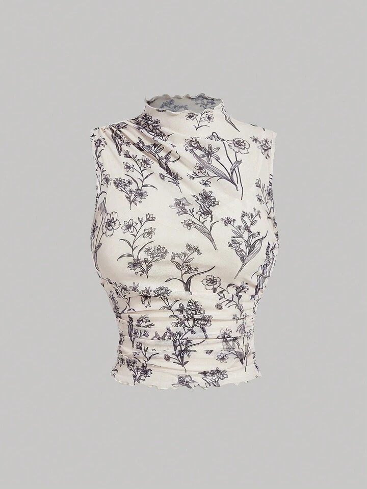 SHEIN MOD Plus Size Creamy Vintage Floral Turtleneck Fitted Vest Top, Summer/Fall/Winter Women To... | SHEIN