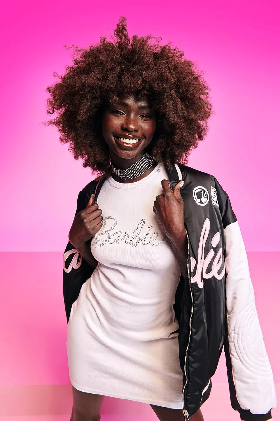 Barbie Rhinestone Slogan Rib Knit Bodycon Mini Dress | Boohoo.com (US & CA)