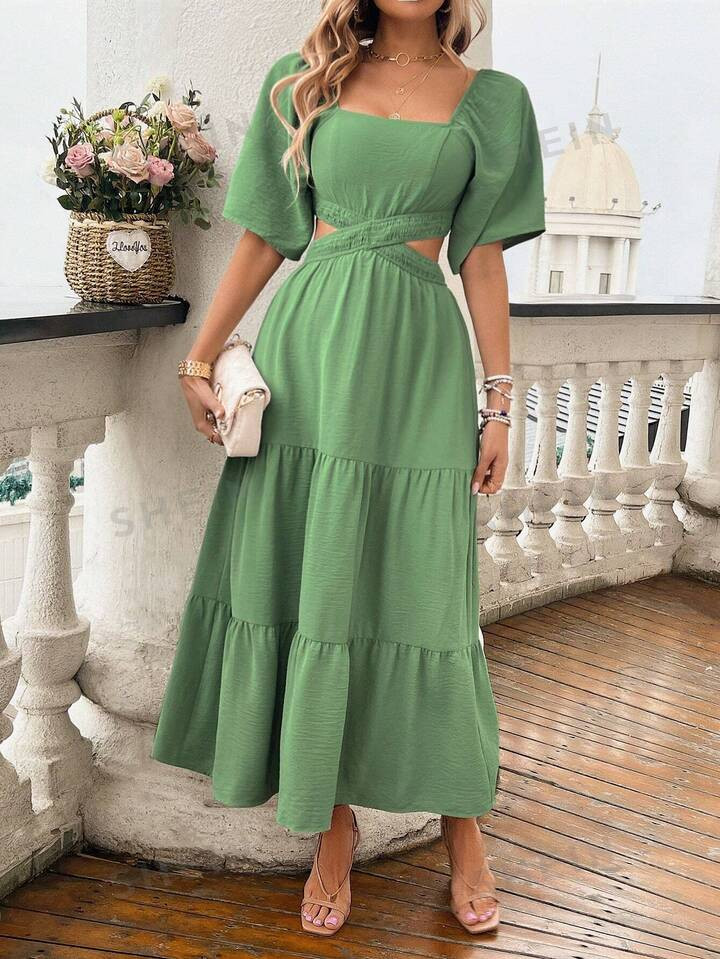 SHEIN Privé Solid Color Square Neckline Hollow Out Ruffle Hem Midi Dress | SHEIN