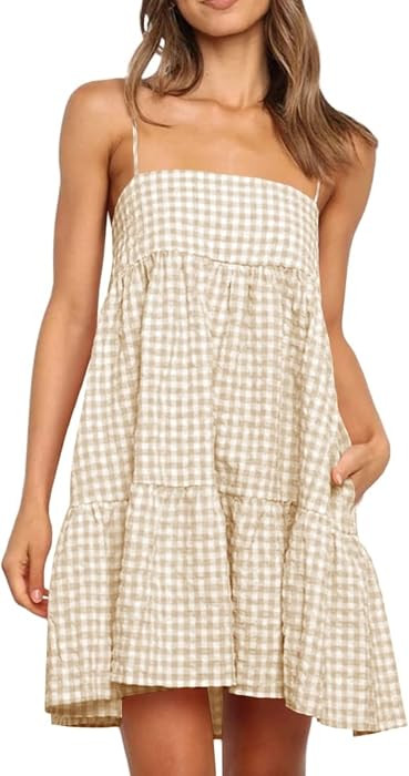 Wenrine Womens Summer Plaid Mini Dress Spaghetti Strap Beach Sundress | Amazon (US)