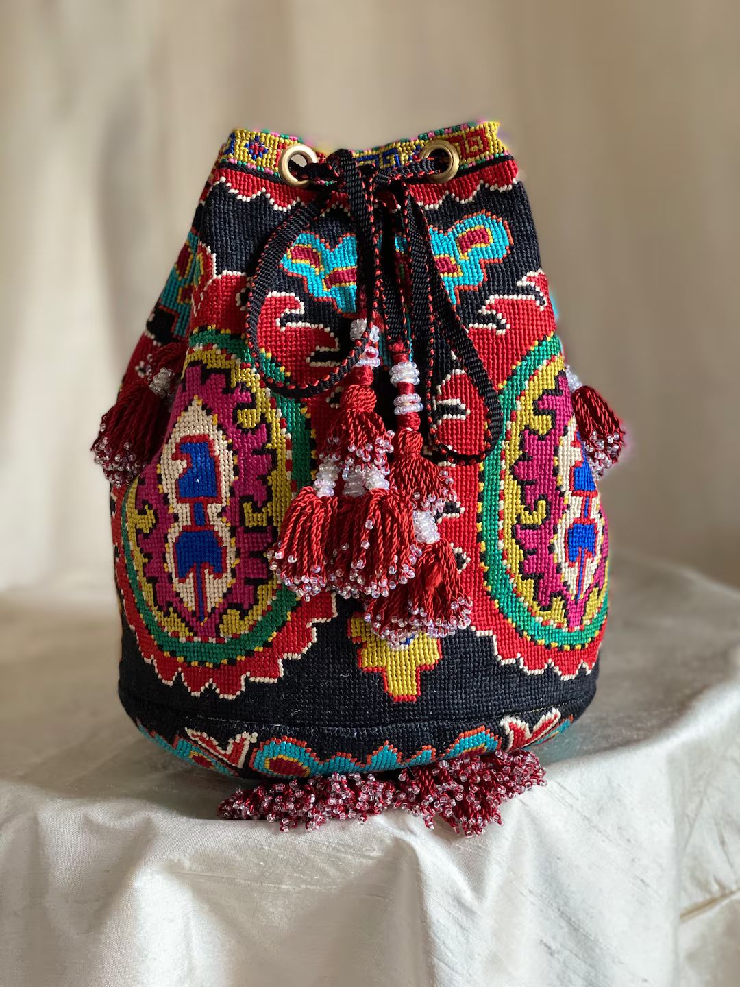 Black/red Large Drawstring Bucket Bag Embroidered Handbag Silk Petit Point Ethnic Suzani Paisley ... | Etsy (US)
