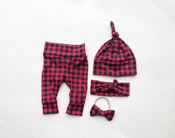 Red Black Plaid Christmas Baby Girl Boy Set Leggings Hat Headband Bow Gift Shower Photo Prop newb... | Etsy (US)