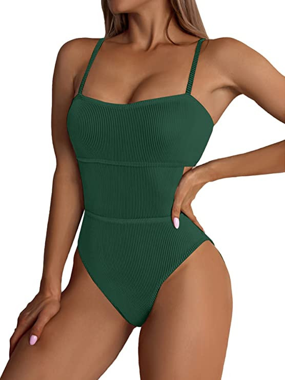 Vrtige Women's One Piece Swimsuit Ribbed Knit Spaghetti Strap Bathing Suits Swimwear | Amazon (US)