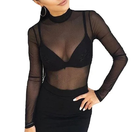 TSEXIEFOOFU Women Mesh Bodysuit Leotard Top Long Sleeve Tops Jumpsuit | Walmart (US)