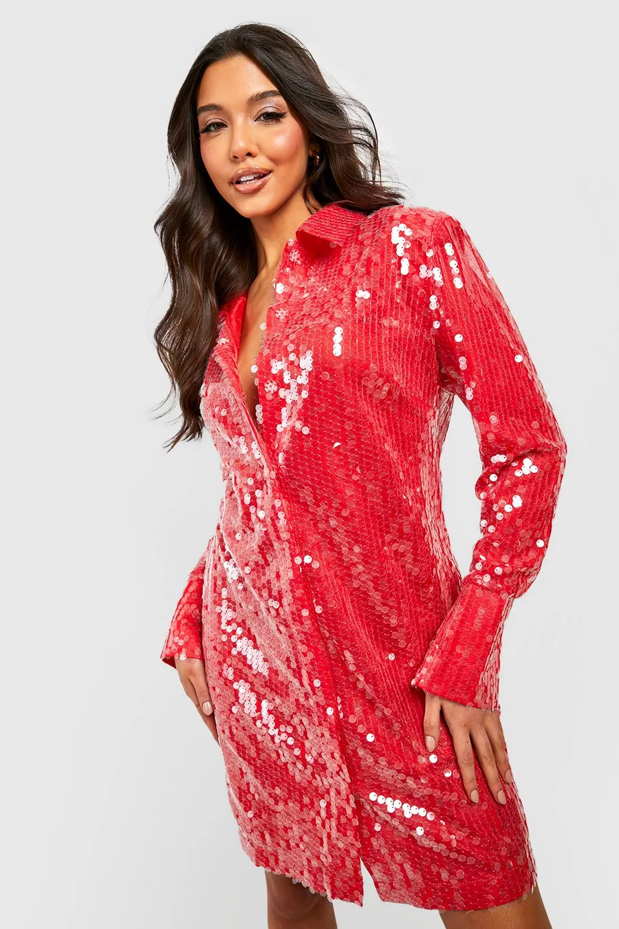 Sequin Split Cuff Power Shoulder Shirt Party Dress | Boohoo.com (US & CA)