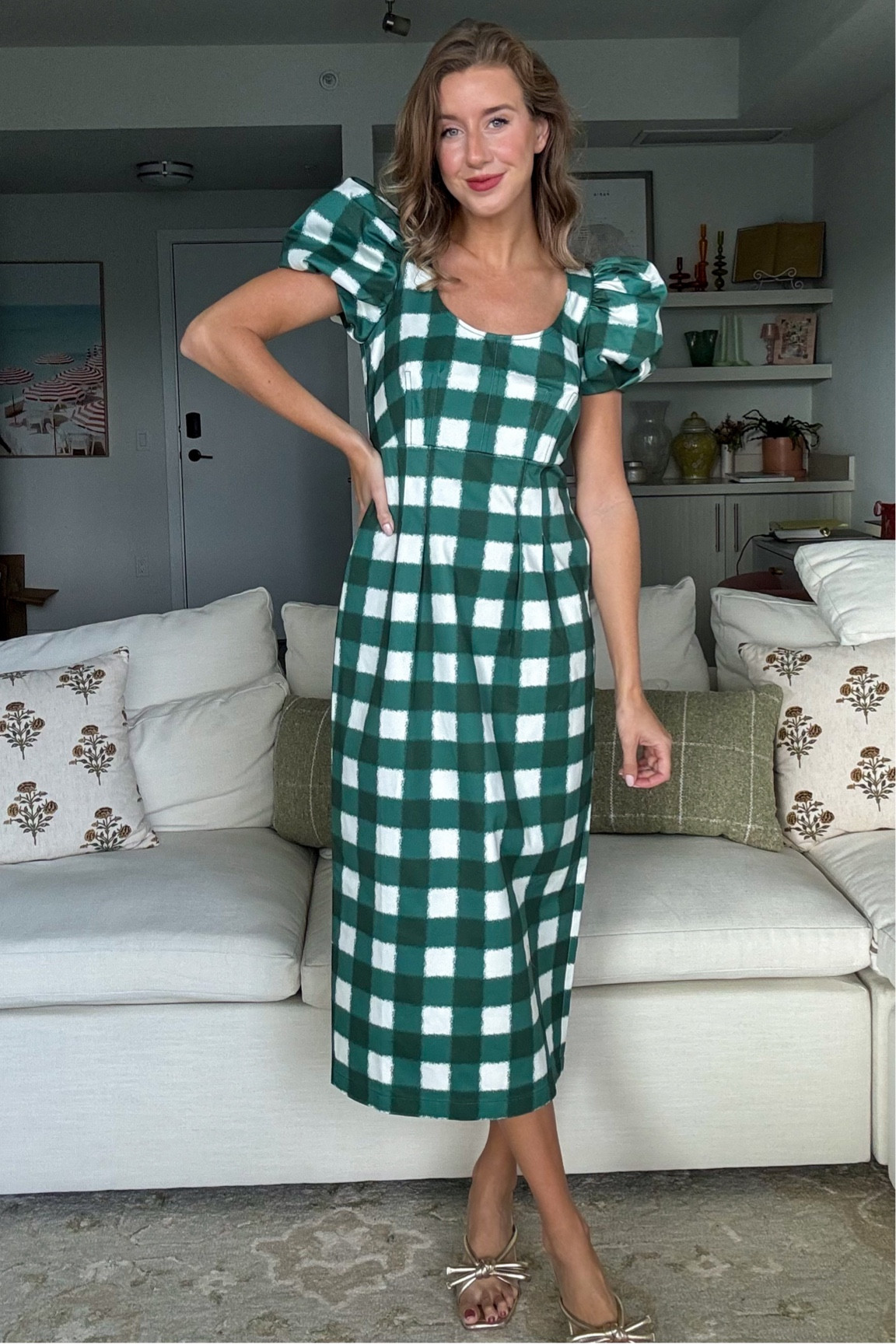green emerald velvet dress Embroidered Floral Green Gingham Mini Delaney Dress main image 0