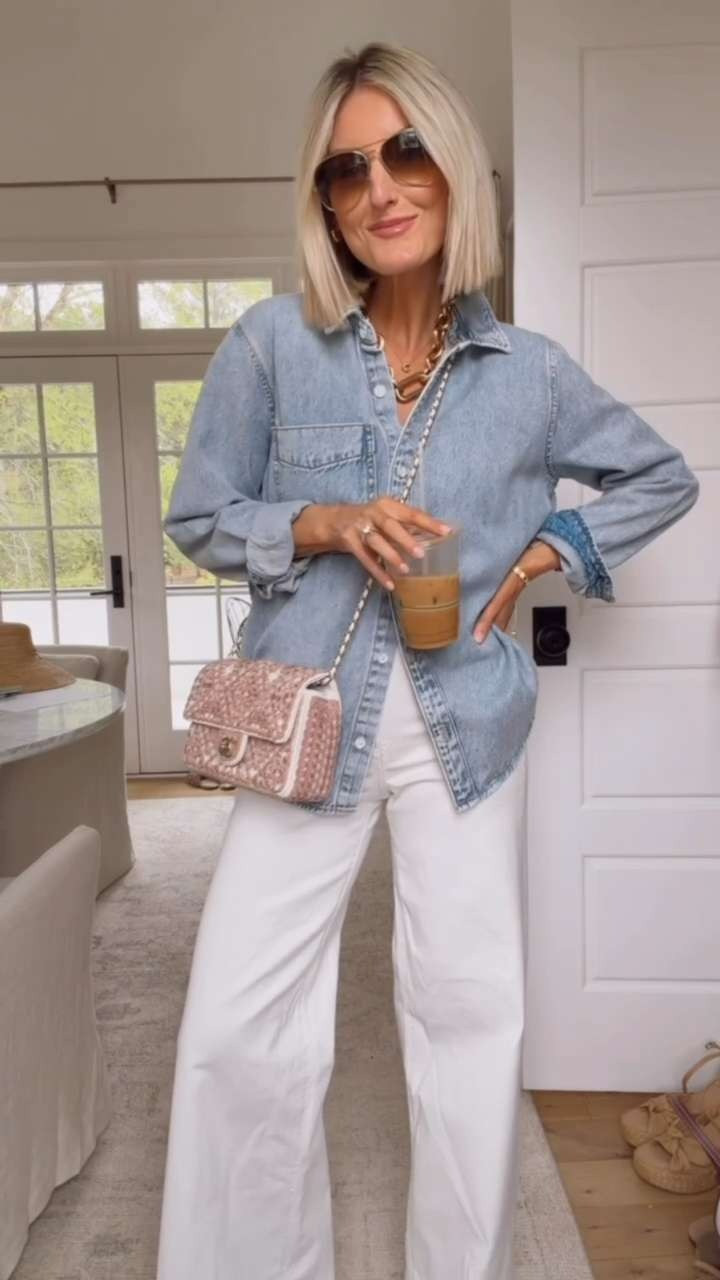 The easiest go to closet staple is a chambray button down- more lightweight than your standard denim jacket but equally as versatile and year round wearable! Layer it or wear on its own, I love pairing it with these white jeans. I have been wearing both of these on repeat! The price is so crazy good! Wearing M top and 4 in jeans

Loverly grey, affordable target finds, target fashion for women, womens affordable capsule wardrobe, summer spring outfit ideas, how to style chambray shirt, white wide leg jeans, womens clothing sale staples 

 #LTKSeasonal #LTKSaleAlert #LTKWorkwear