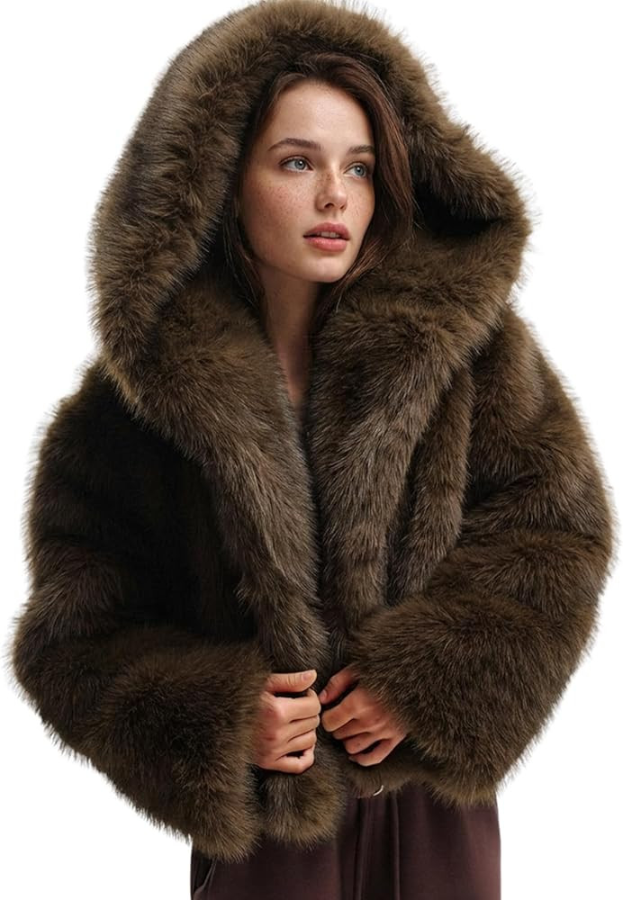 Yimoon Women's Faux Fur Coat with Hood Warm Cropped Fluffy Fur Jacket Long Sleeve Open Front Wint... | Amazon (US)