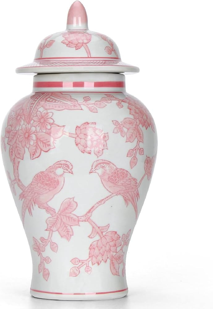 11\u2033 Pink Ginger Jar with Lid Porcelain Stylized Songbirds Floral Temple Jar | Amazon (US)