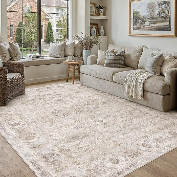 5x7 Area Rug Beige Washable Vintage Living Room Carpet Bedroom Indoor Non Slip Soft Low Pile Thin... | Amazon (US)