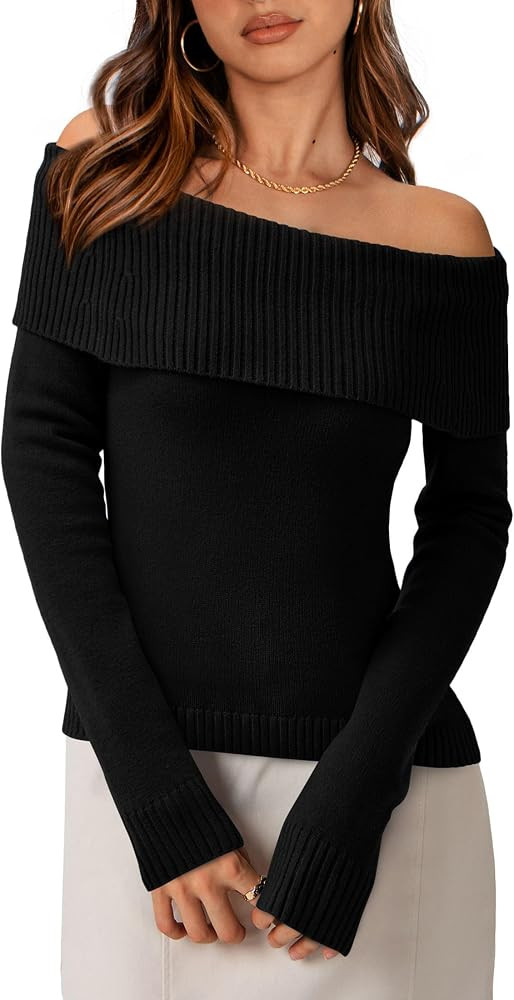 PRETTYGARDEN Women's Fall Off Shoulder Sweaters Y2K Long Sleeve Ribbed Knit Fitted Pullover Tops ... | Amazon (US)