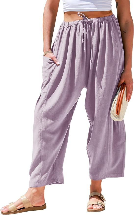 TARSE Womens Linen Wide Leg Pants Casual Loose Drawstring Summer Beach Travel Vacation Palazzo Ha... | Amazon (US)