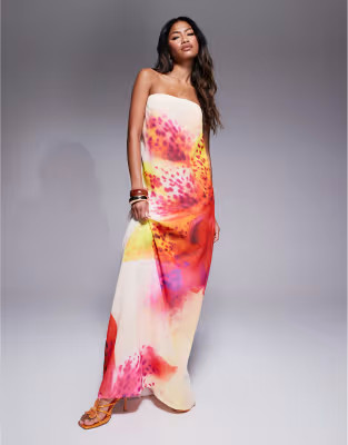 Murci exclusive chiffon bandeau trapeze maxi dress in off white flower print | ASOS | ASOS (Global)