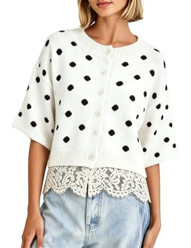 Zhiyouni Women's Button Down Cardigan Sweater 3/4 Sleeve Striped Knit Tops(White-S) | Amazon (US)