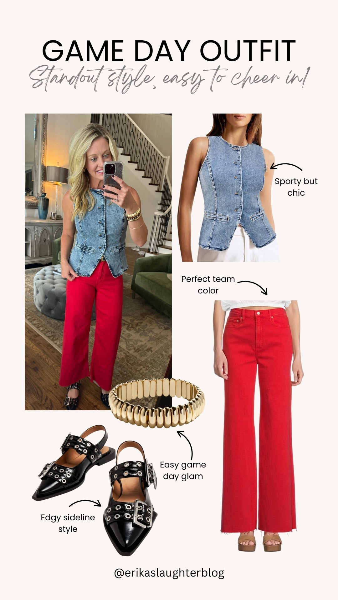 Cheering on the team but make it stylish. A pop of red, comfy denim, and easy accessories—this is the kind of game day look that works from the sidelines to post-game dinner.

#falloutfit #gamedaystyle #weekendoutfit #casualchic #everydaystyle



#LTKSeasonal #LTKShoeCrush #LTKStyleTip