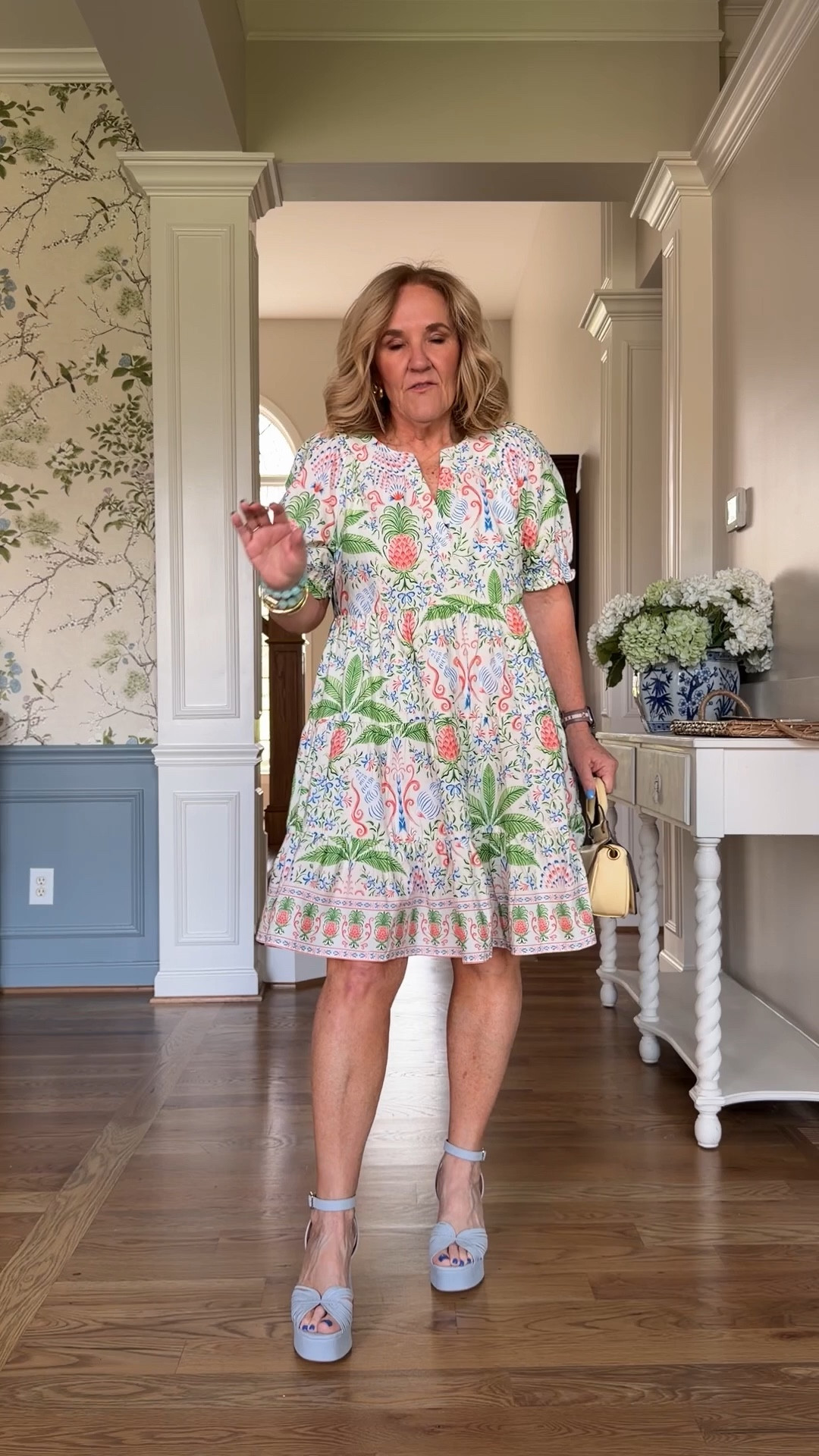 Size medium in this cute baby doll dress 
I love this print  
20% off the bracelets code NANETTE2

#LTKSeasonal #LTKOver40 #LTKSaleAlert