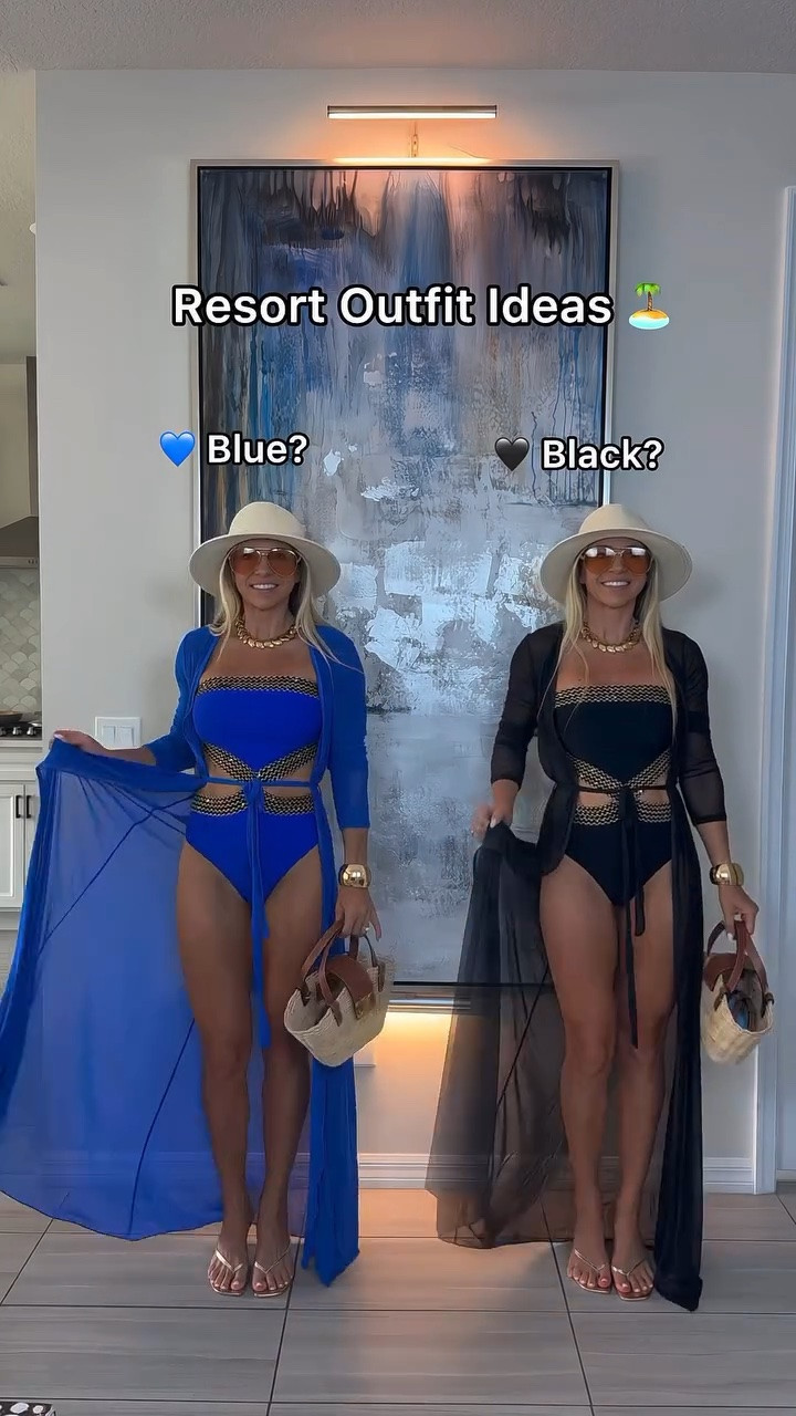 Blue or black for a resort day? 💙🖤

I love how this swimsuit and sheer cover up combination turns swimwear into a complete outfit. Easy enough for the pool or beach, but polished enough to keep wearing for lunch, cocktails, or walking around the resort. Everything except the bag is from Amazon.
Wearing size Small in all. 

Amazon resort wear, resort outfit ideas, swimsuit cover up outfit, one piece swimsuit, beach vacation outfit, poolside outfit, resort day outfit, vacation swimwear, beach club style, tropical vacation outfit

#LTKTravel #LTKSwim #LTKU