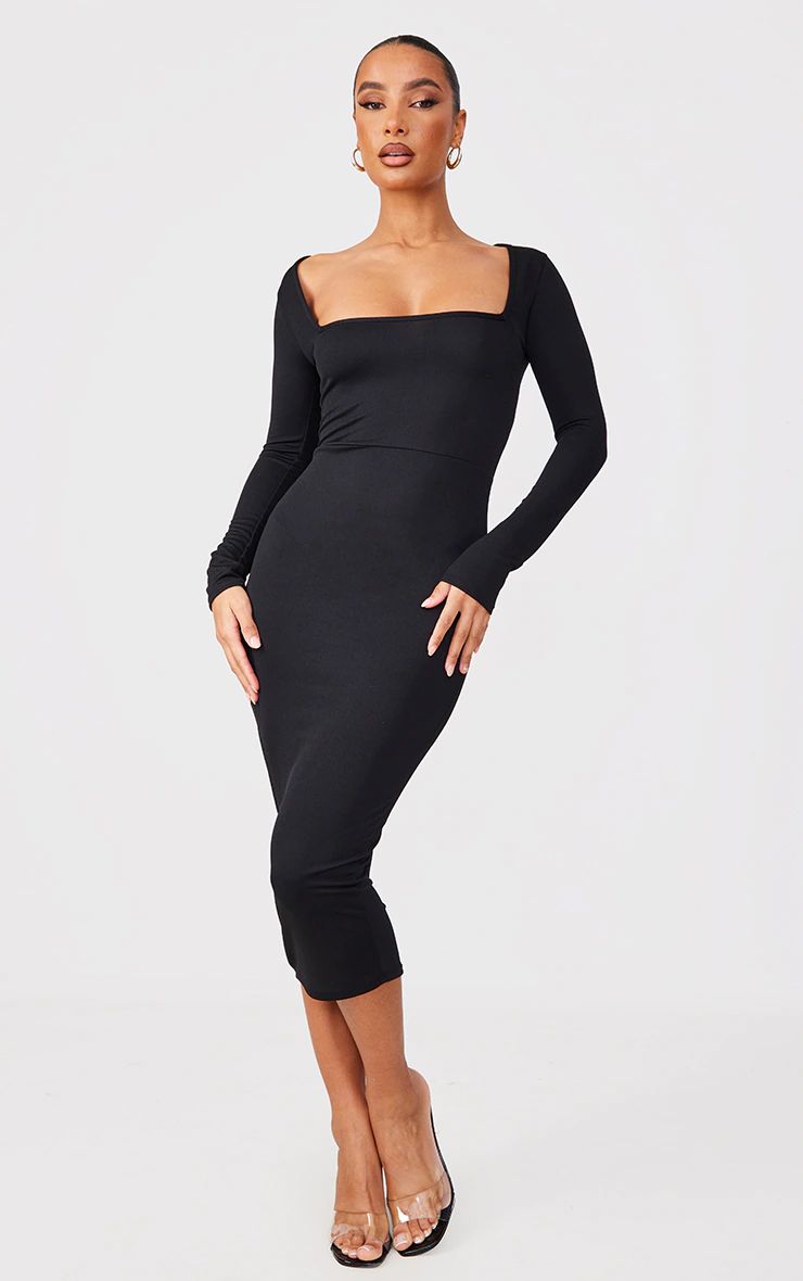 Black Square Neck Long Sleeve Midaxi Dress | PrettyLittleThing US