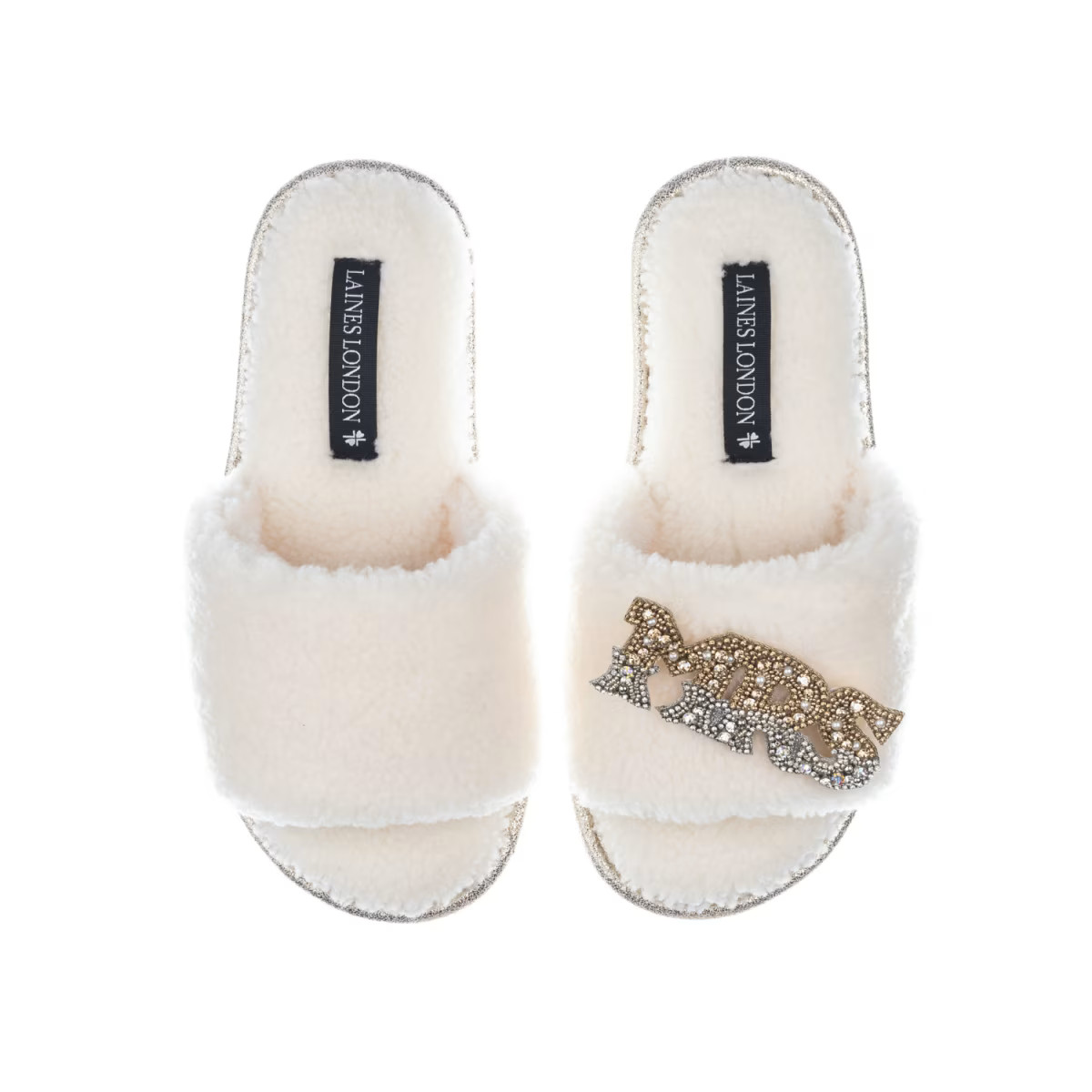 Teddy Towelling Slipper Sliders With Mrs Brooch - Cream | Wolf & Badger