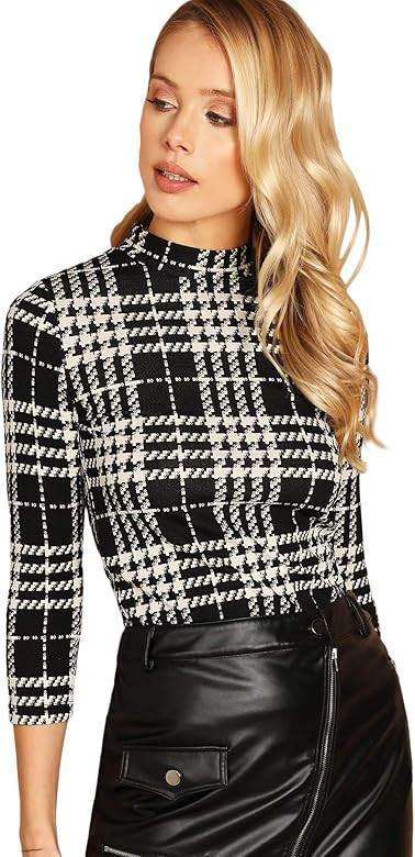 Women's Casual Mock Neck Plaid Slim Fit Workwear Blouse Top | Amazon (US)