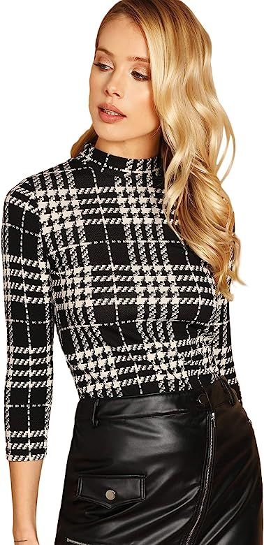 Women's Casual Mock Neck Plaid Slim Fit Workwear Blouse Top | Amazon (US)