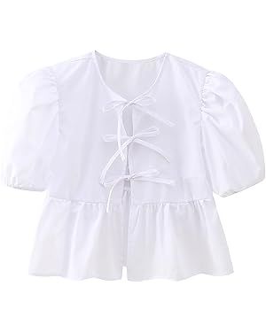 Women Y2K Peplum Shirt Puff Sleeve Tie Front Top Blouse Cute Going Out Babydoll Crop Top Summer | Amazon (US)