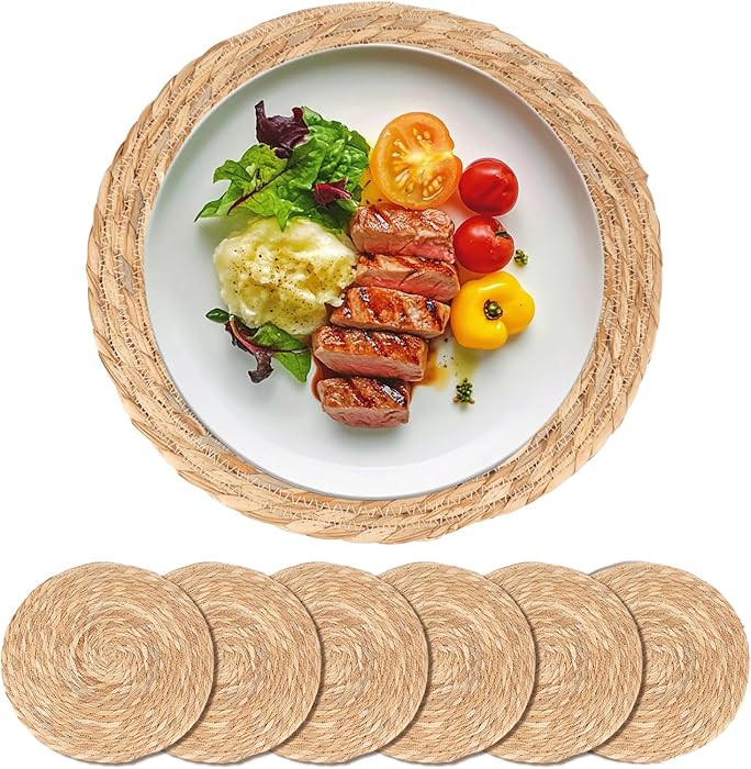 Round Woven Placemats Set of 6-13 Inch Natural Water Hyacinth Place Mats for Dining Table, Boho F... | Amazon (US)