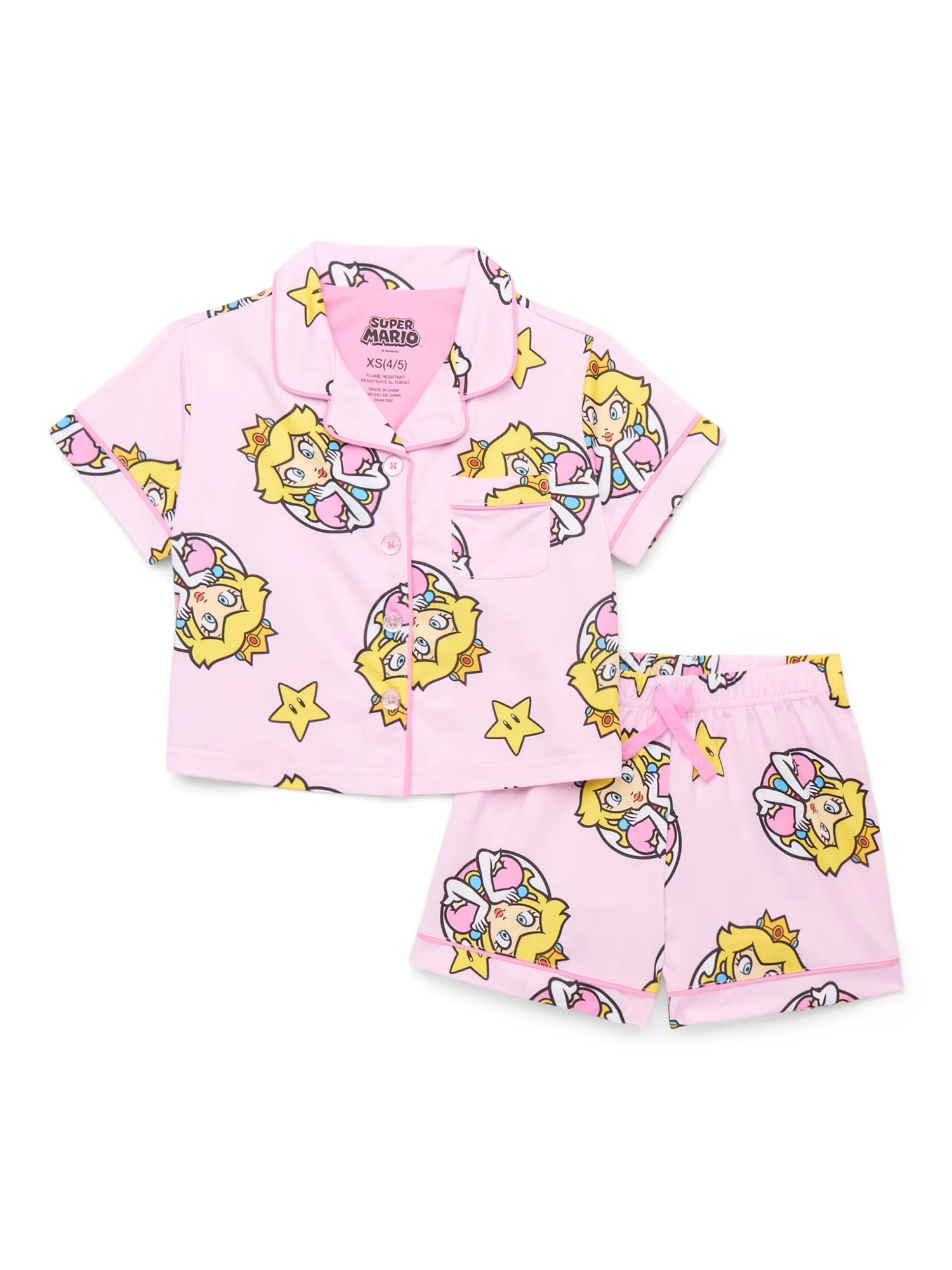 Super Mario Princess Peach Girls' Button Front Top and Shorts Pajama Set, 2-Piece, Sizes 4-12 | Walmart (US)