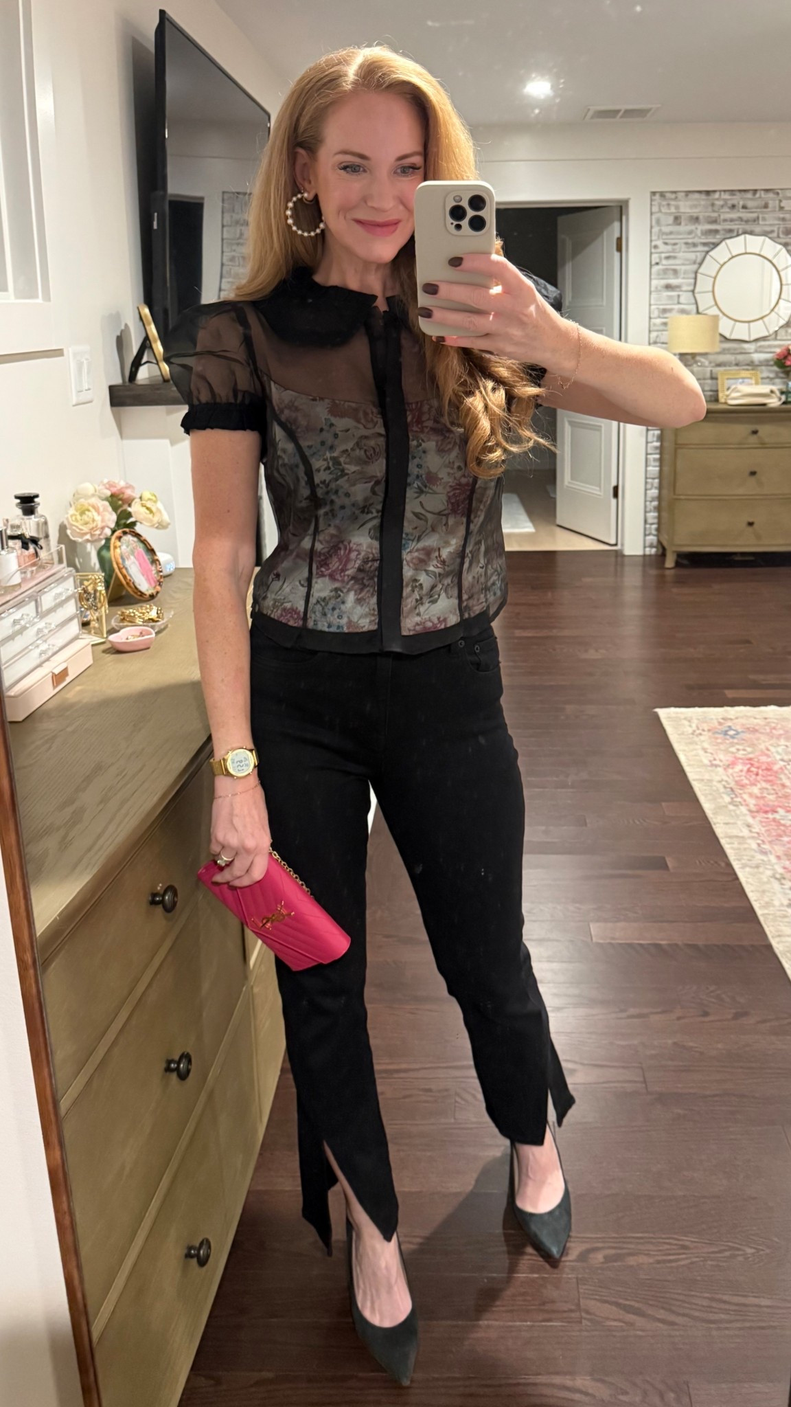 Date night! 
Cutest sheer black Maeve top from Anthropologie with split hem black jeans and heels! 
I’m in a size small in the top. 

#LTKOver40 #LTKParties #LTKSeasonal