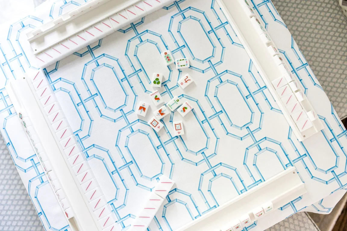 Scalloped Square Table Topper | Bamboo Chain - Sky | Fenwick Fields, LLC