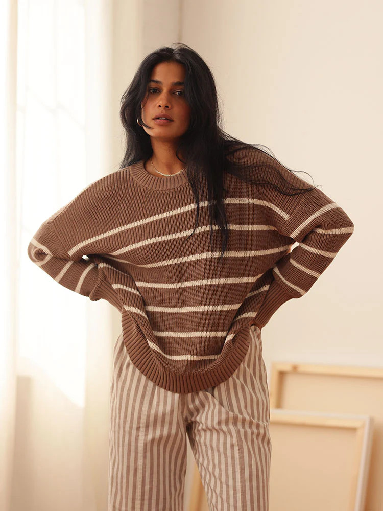 Shelter Cotton Crew Neck Sweater Mocha Stripe | Tradlands