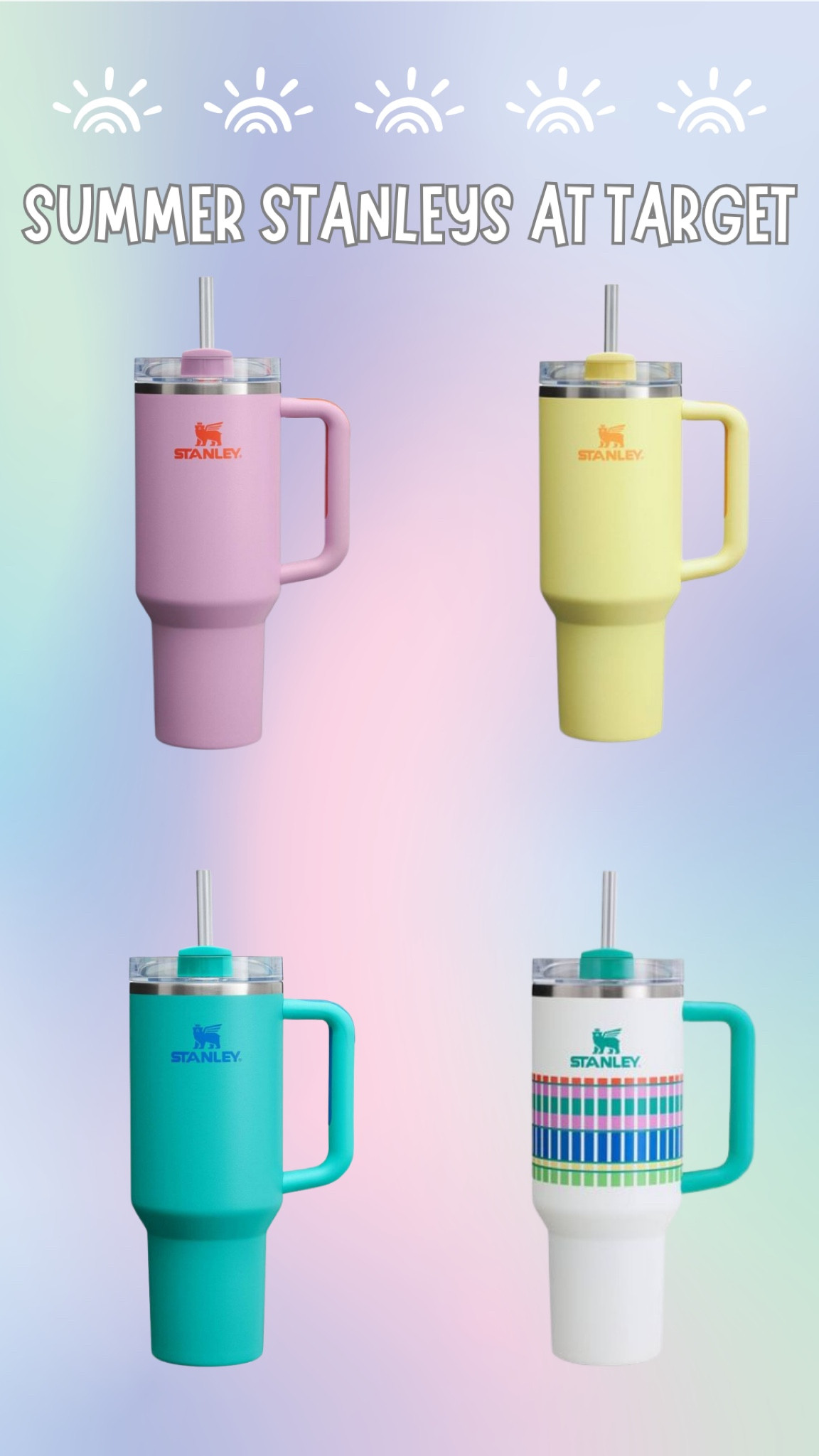 the cutest summer Stanley tumblers are out at Target!!! these are the 40 oz with a lid and straw. can’t wait to get my hands on one of these!! ☀️🌸🩵

#LTKsalealert #LTKfindsunder50 #LTKSeasonal