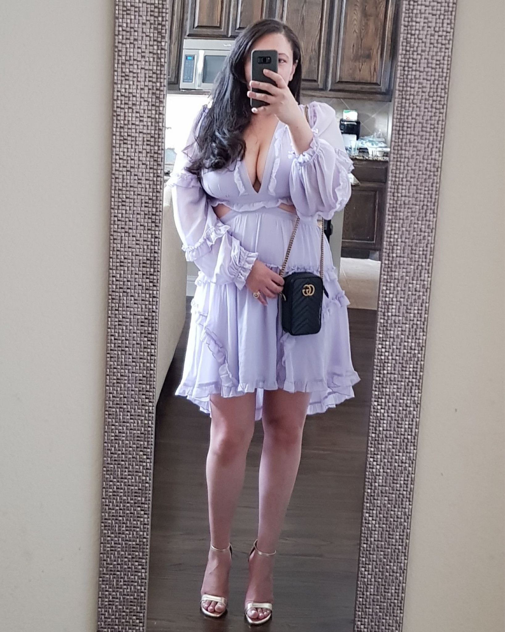 This lavender party dress is not in stock but the vibes are still available!! Paired with gold heels and a Gucci mini bag. 

#LTKmidsize #LTKparties #LTKitbag