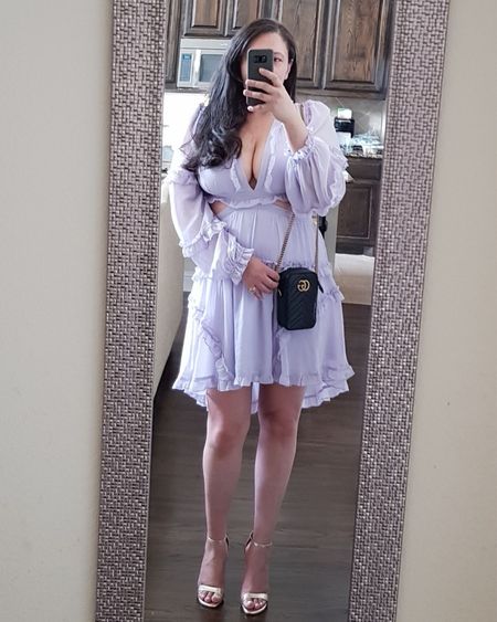 This lavender party dress is not I. Stock but the vibes are still available!! Paired with gold heels and a Gucci mini bag. 

#LTKmidsize #LTKparties #LTKitbag