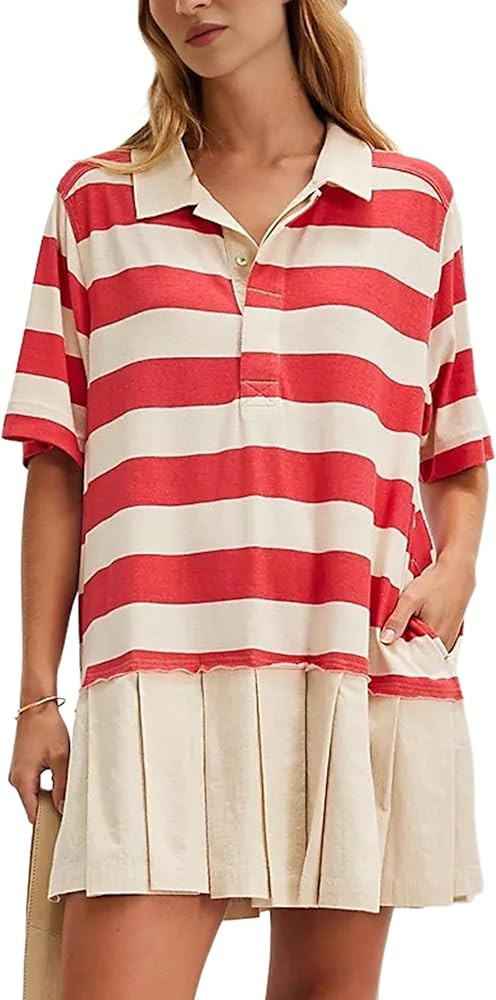 Womens Striped Shirt Dress Short Sleeve Pleated Color Block Sweatshirt Lapel Button Down Mini Dre... | Amazon (US)