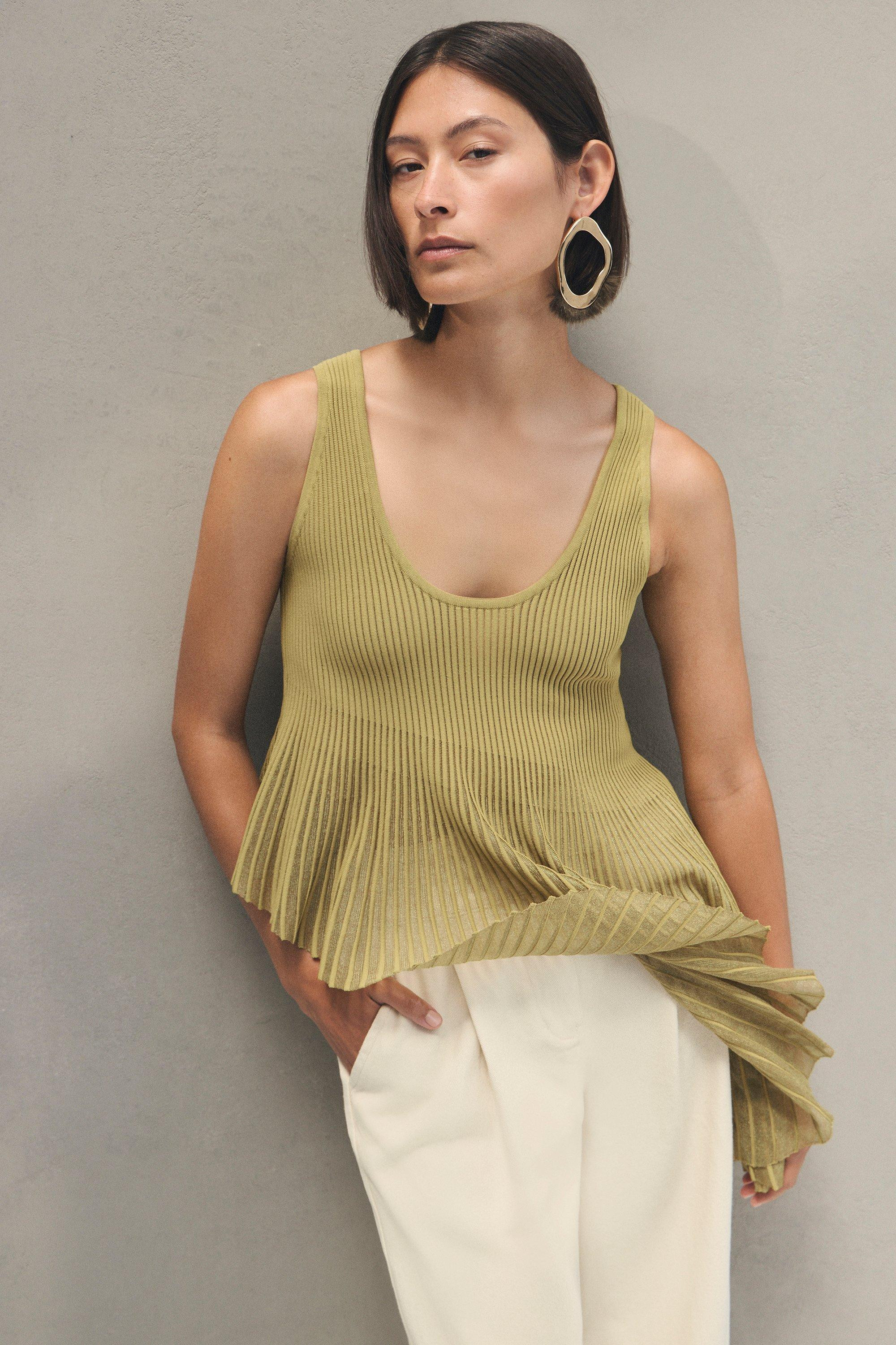 Viscose Blend Sleeveless Knitted Asymmetric Hem Top With Sparkle Sheer Detail | Karen Millen UK + IE + DE + NL
