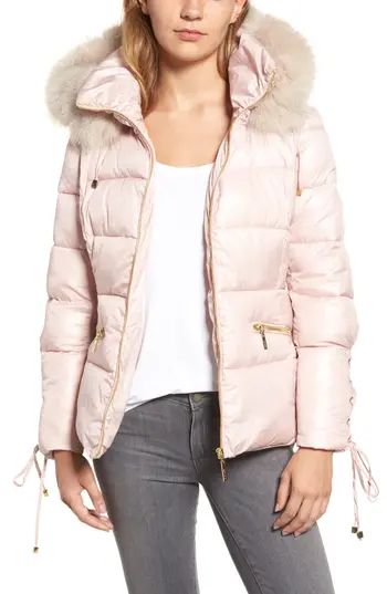 Women's Kensie Lace Sleeve Puffer Coat With Faux Fur Trim Hood, Size X-Large - Pink | Nordstrom