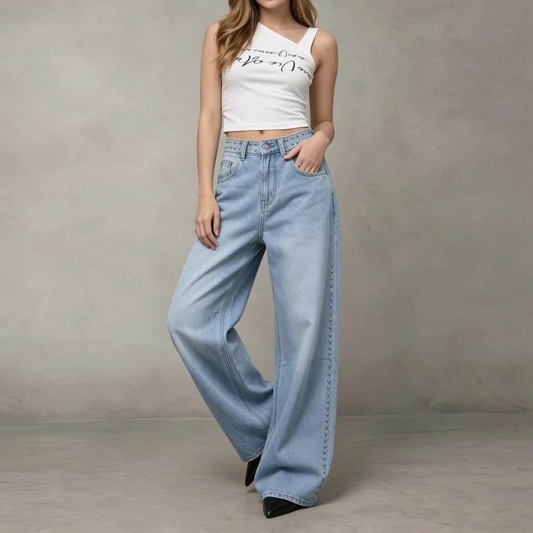 Miluxas Vintage High Waisted Studded Wide Leg Jeans for Women Rhinestone Rivet Baggy Washed Denim... | Walmart (US)