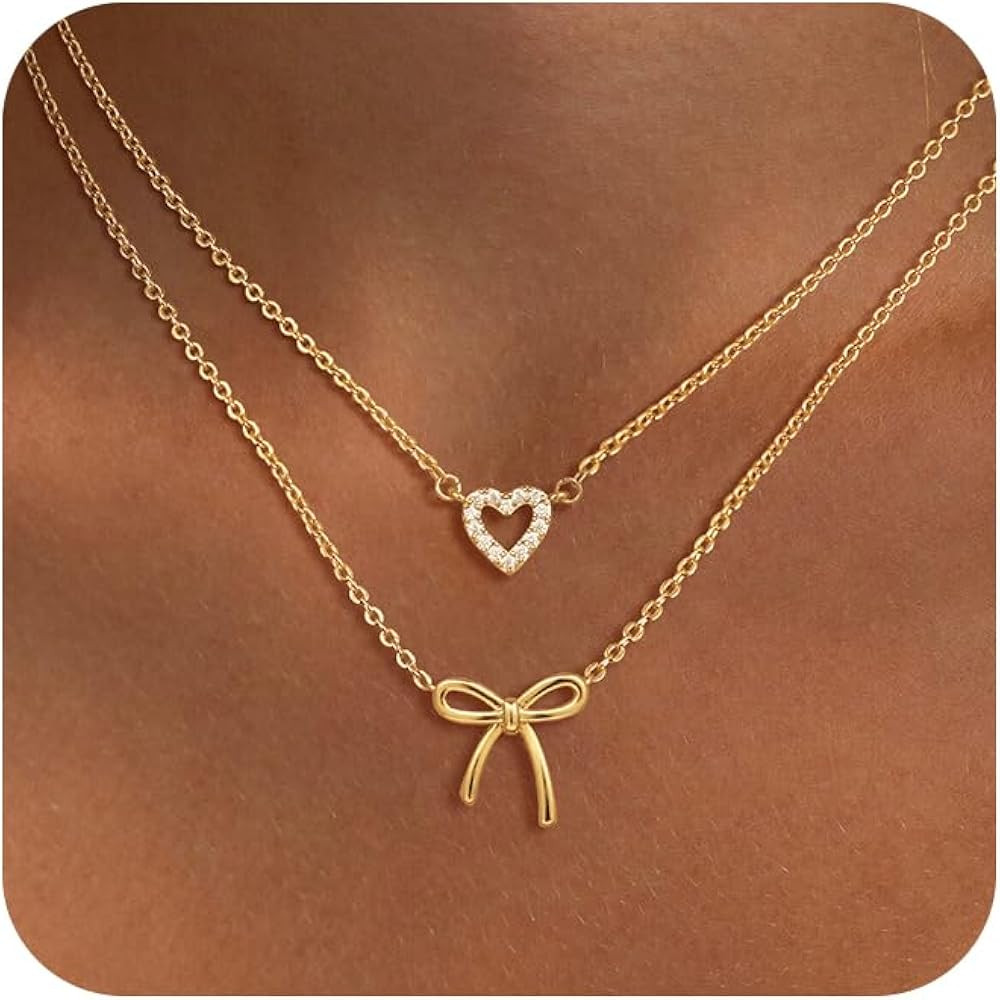 Caffordo Gold Necklace for Women - Dainty Bow Necklaces Cute 14K Gold Plated/Sterling Silver Tiny... | Amazon (US)