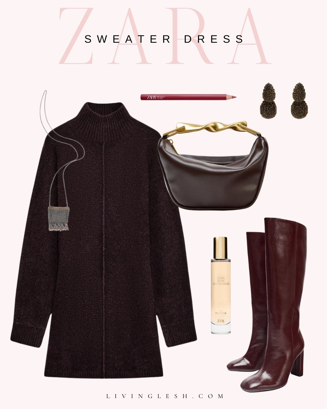 Zara | Zara outfit | Zara style | Sweater dress | Boots | Leather boots | Lip pencil | Winter outfit | Workwear | Workwear outfit | Dress | Necklace | Handbag